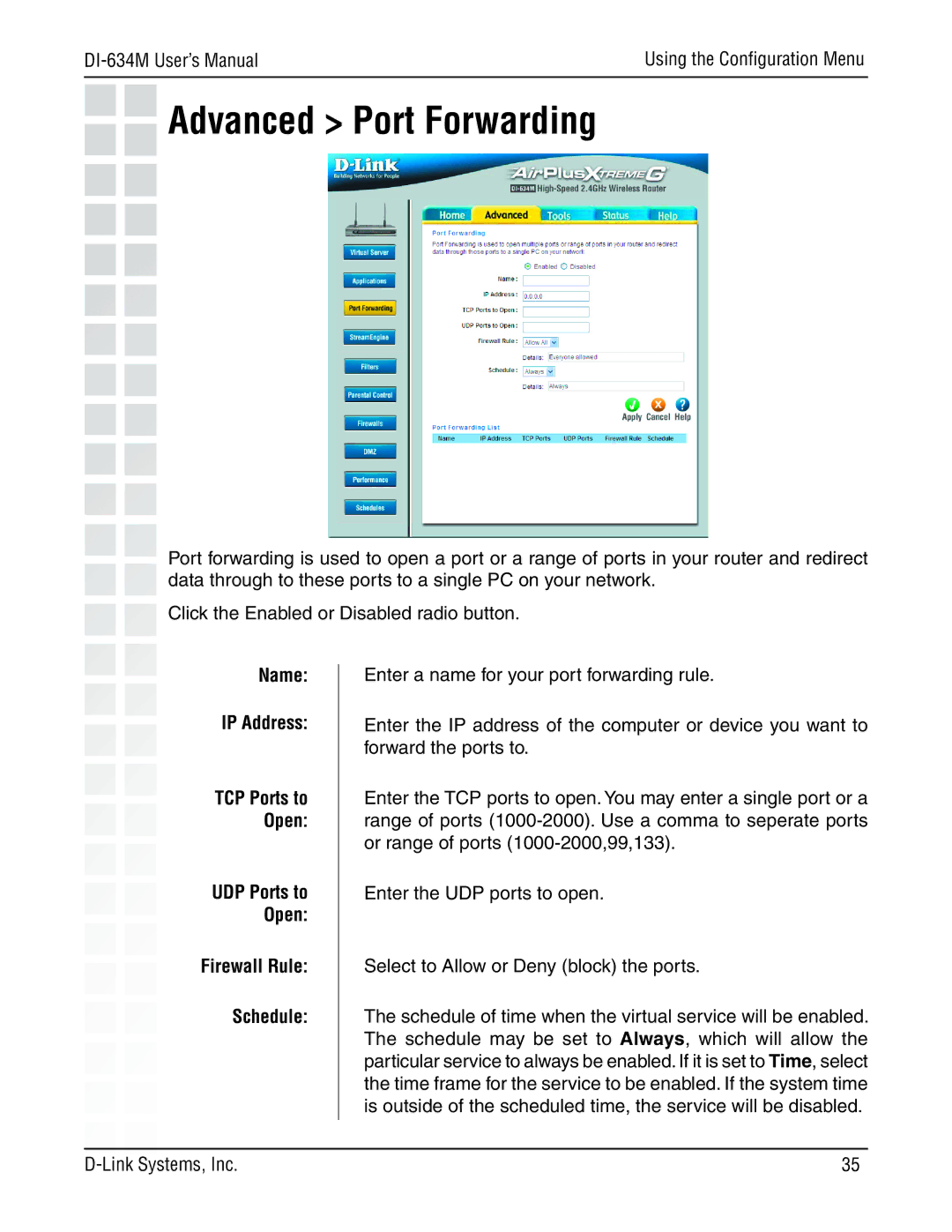 D-Link 108G manual Advanced Port Forwarding, Name IP Address, Firewall Rule Schedule 