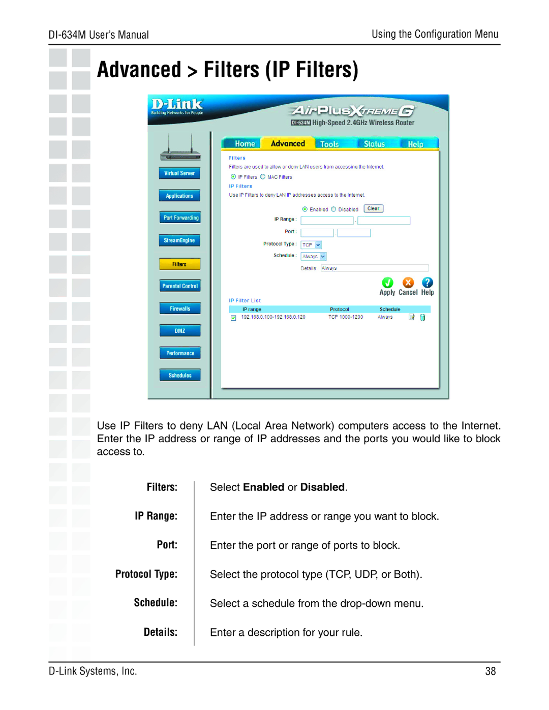 D-Link 108G manual Advanced Filters IP Filters 