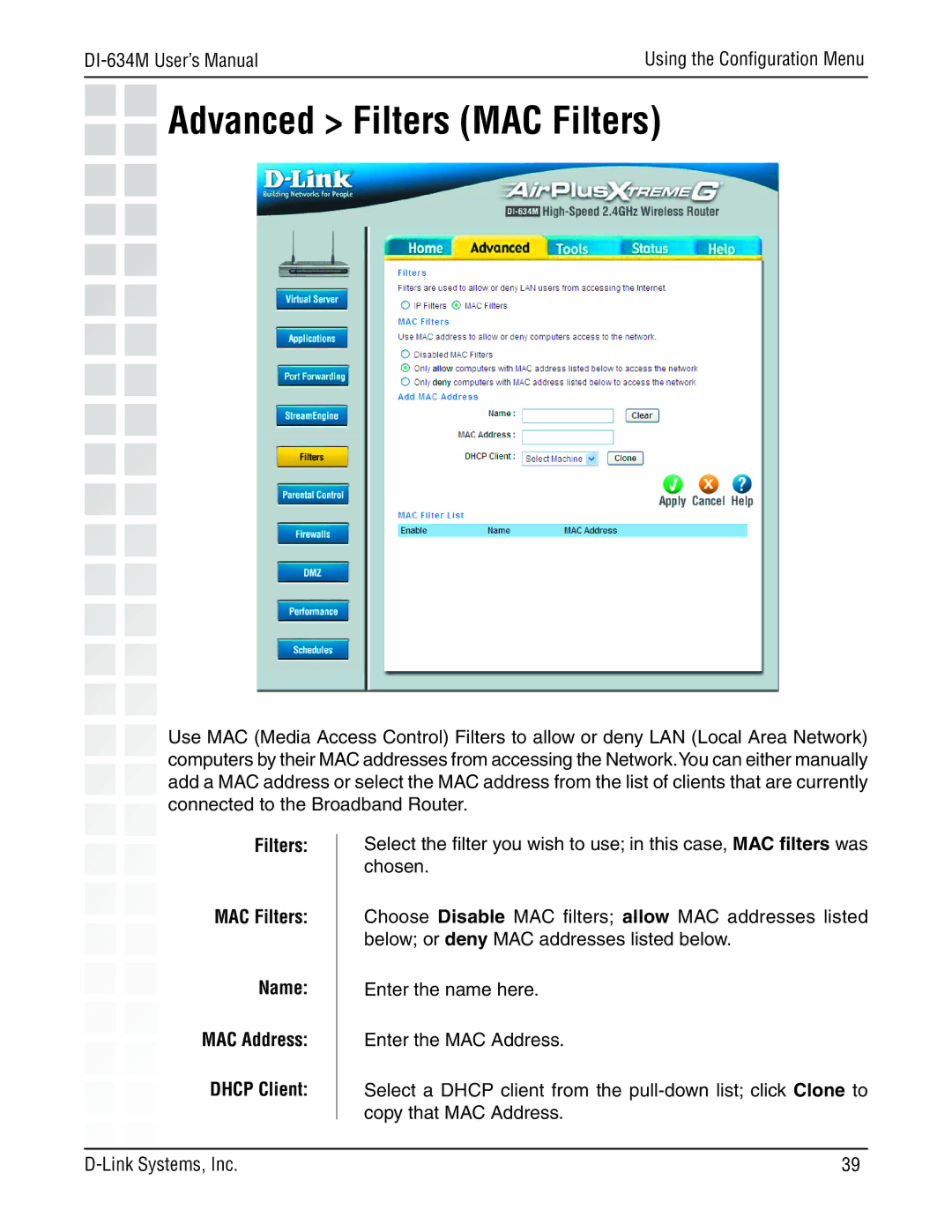 D-Link 108G manual Advanced Filters MAC Filters, Filters MAC Filters Name MAC Address Dhcp Client 
