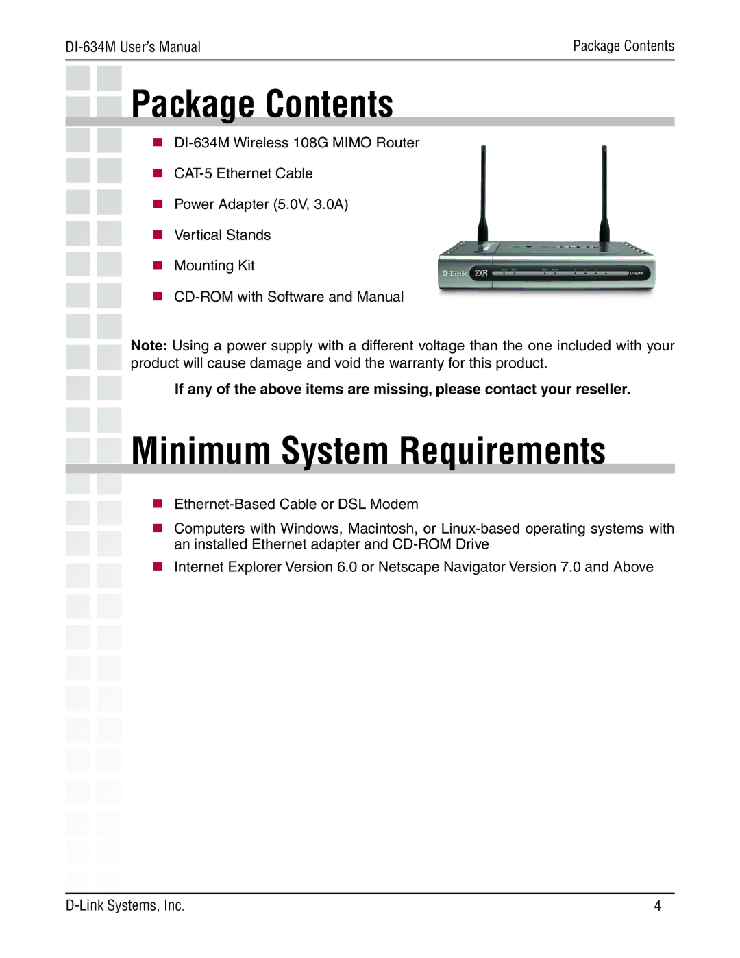 D-Link 108G manual Package Contents, Minimum System Requirements 