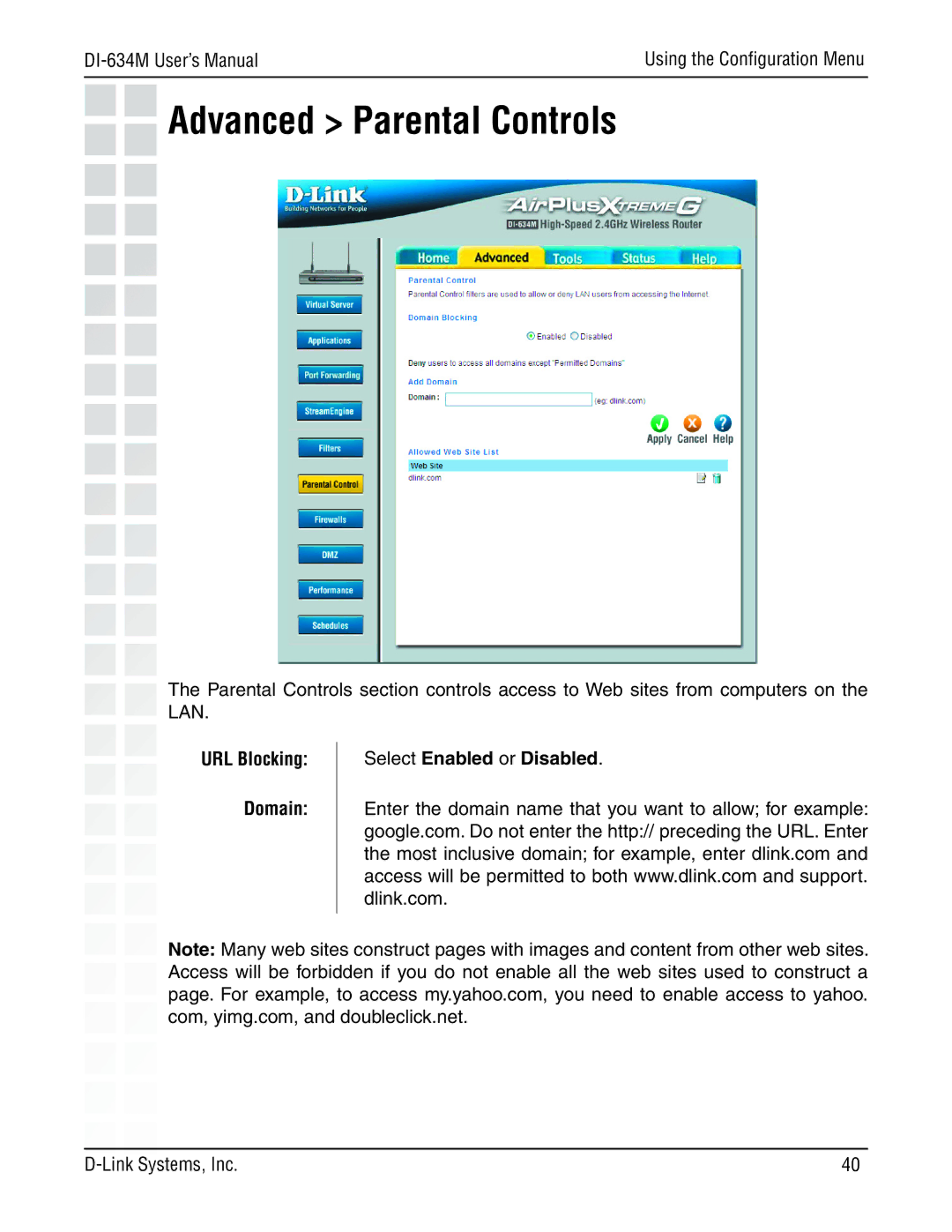 D-Link 108G manual Advanced Parental Controls, URL Blocking Domain Select Enabled or Disabled 