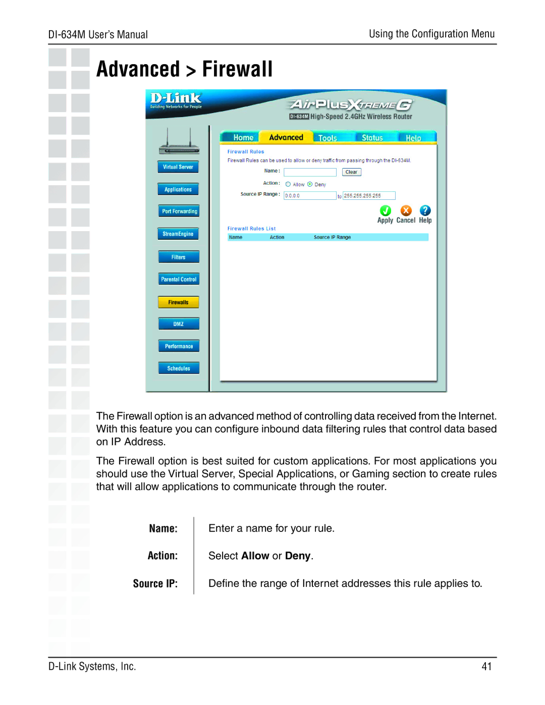 D-Link 108G manual Advanced Firewall, Name Action Source IP 