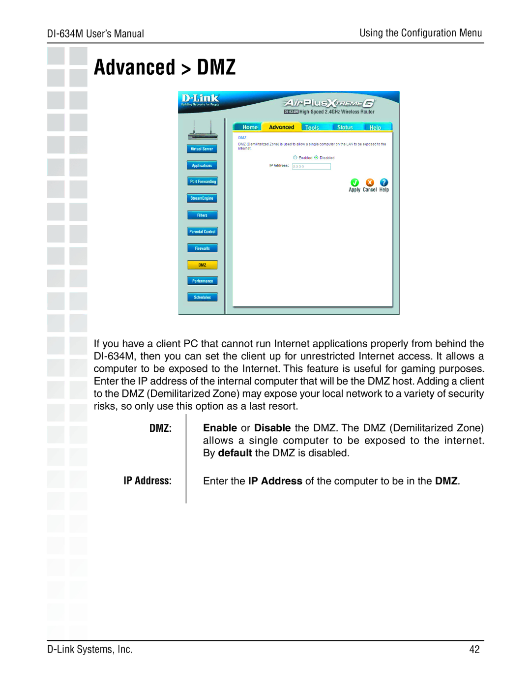 D-Link 108G manual Advanced DMZ, Dmz 