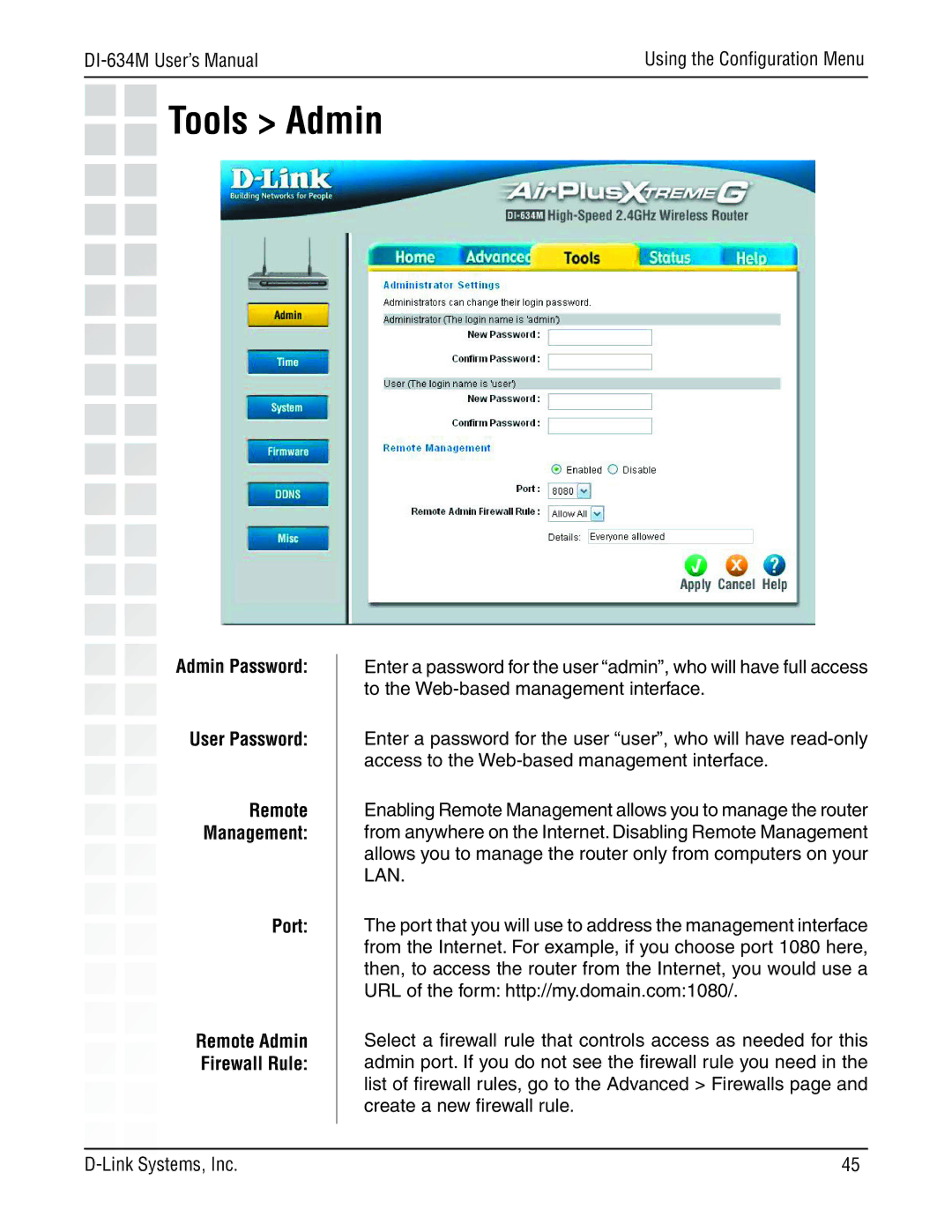 D-Link 108G manual Tools Admin, Admin Password User Password 