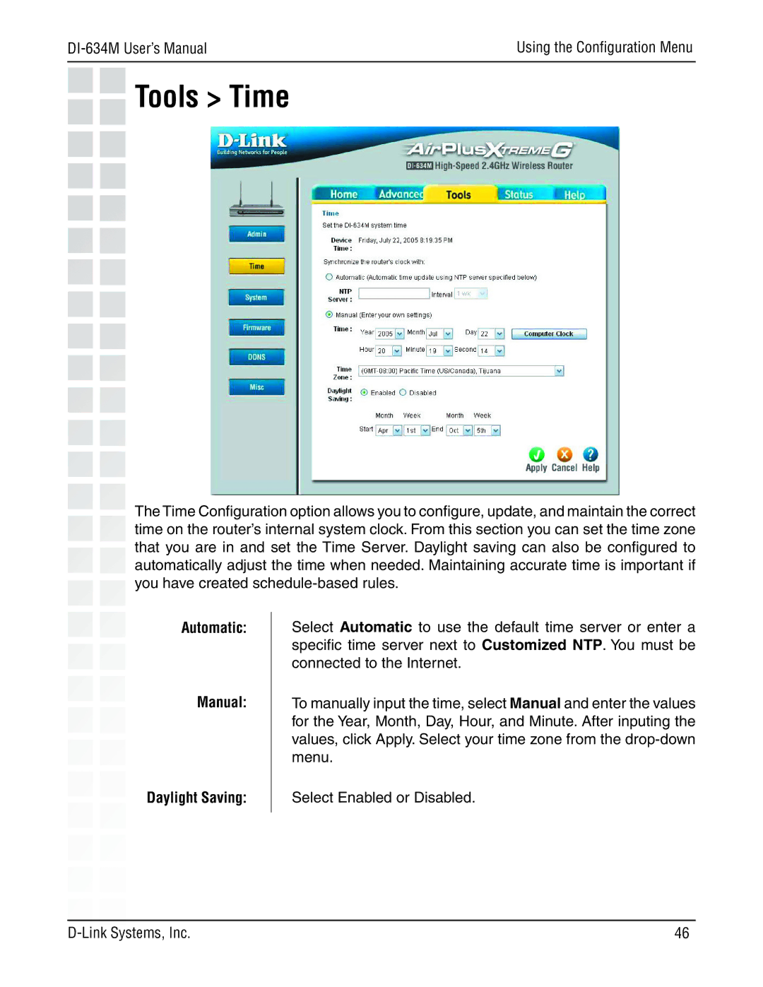 D-Link 108G manual Tools Time, Automatic Manual Daylight Saving 
