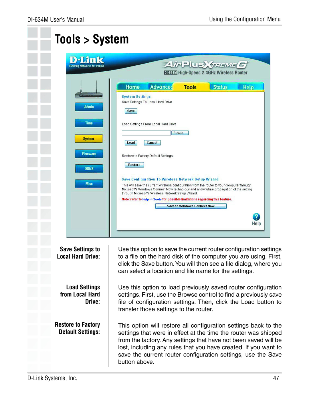 D-Link 108G manual Tools System, Load Settings from Local Hard Drive 