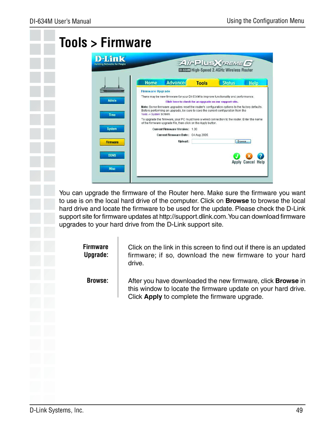 D-Link 108G manual Tools Firmware, Browse 