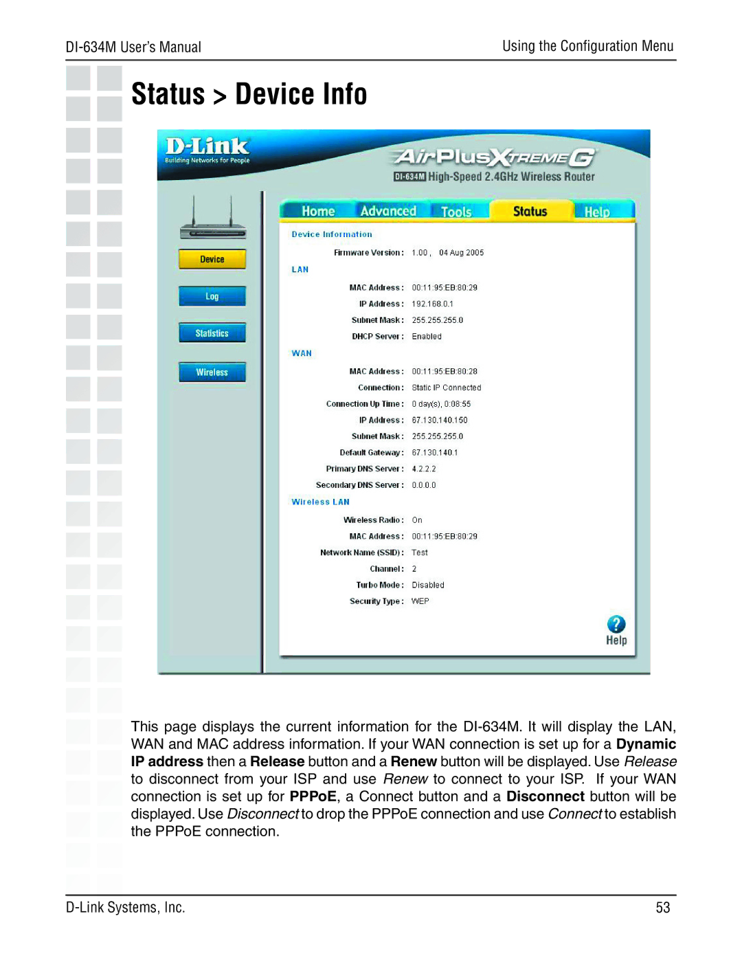 D-Link 108G manual Status Device Info 