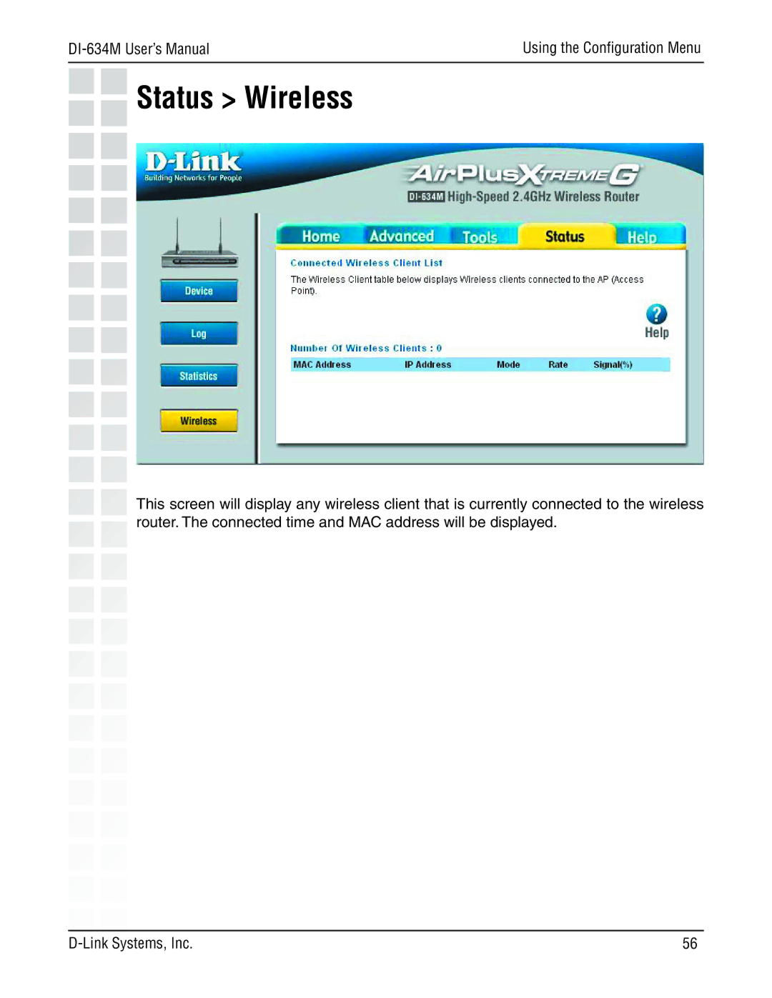 D-Link 108G manual Status Wireless 