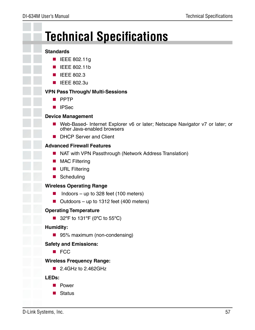 D-Link 108G manual Technical Speciﬁcations 