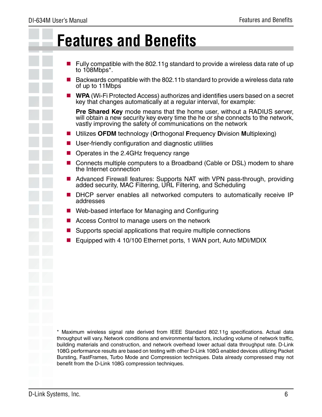 D-Link 108G manual Features and Beneﬁts 