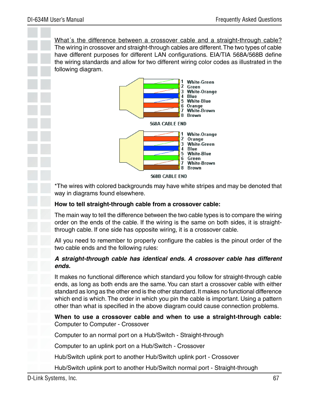 D-Link 108G manual How to tell straight-through cable from a crossover cable 