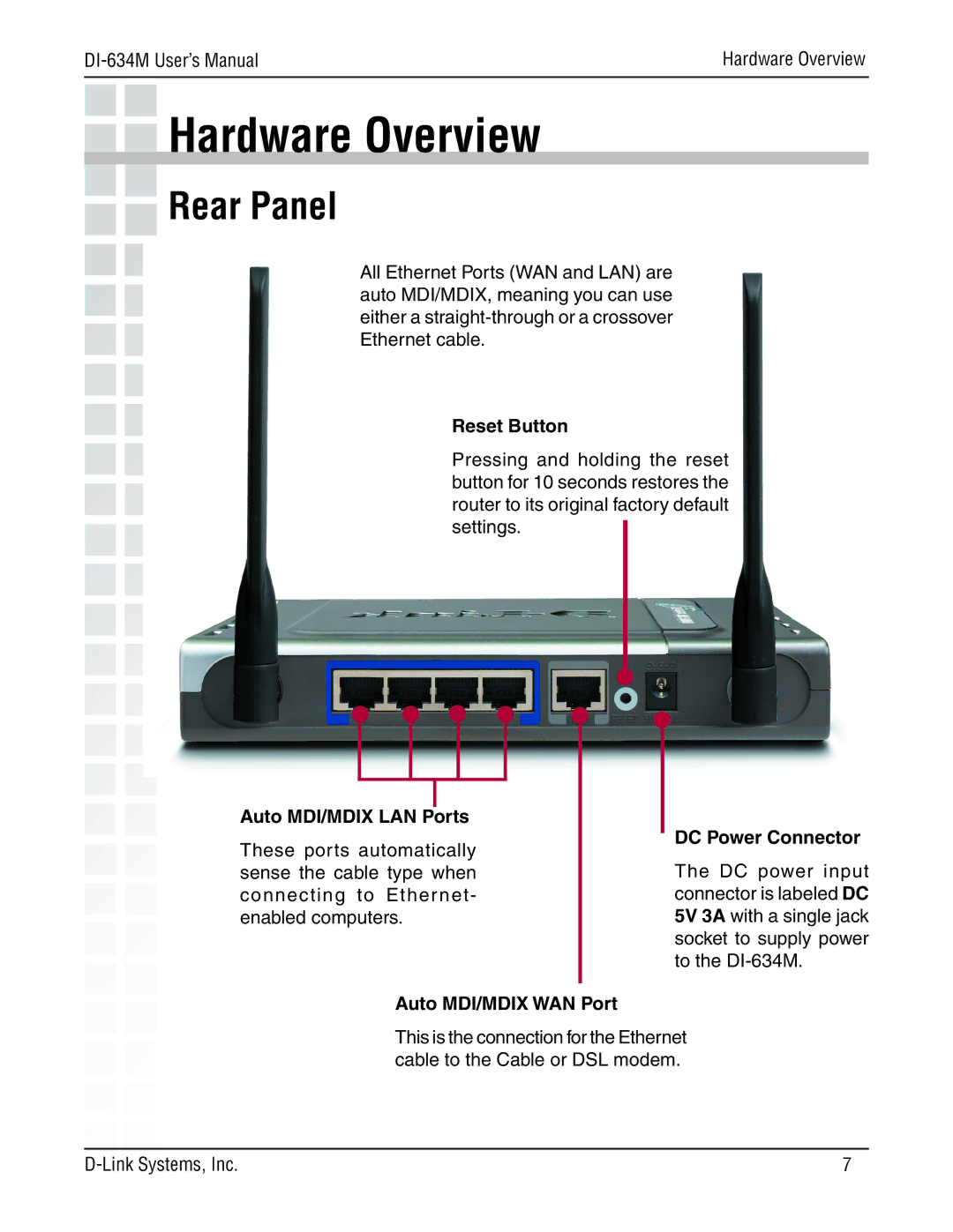 D-Link 108G manual Hardware Overview, Rear Panel, Reset Button, Auto MDI/MDIX LAN Ports 