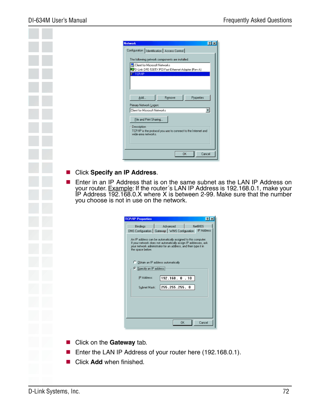 D-Link 108G manual  Click Specify an IP Address 