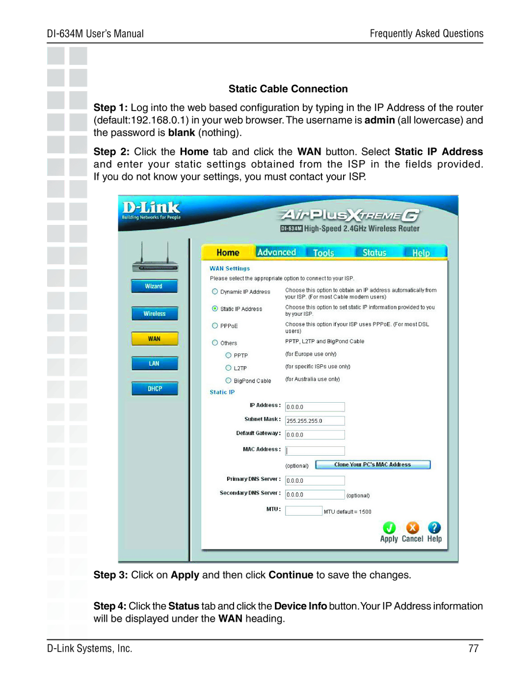 D-Link 108G manual Static Cable Connection 