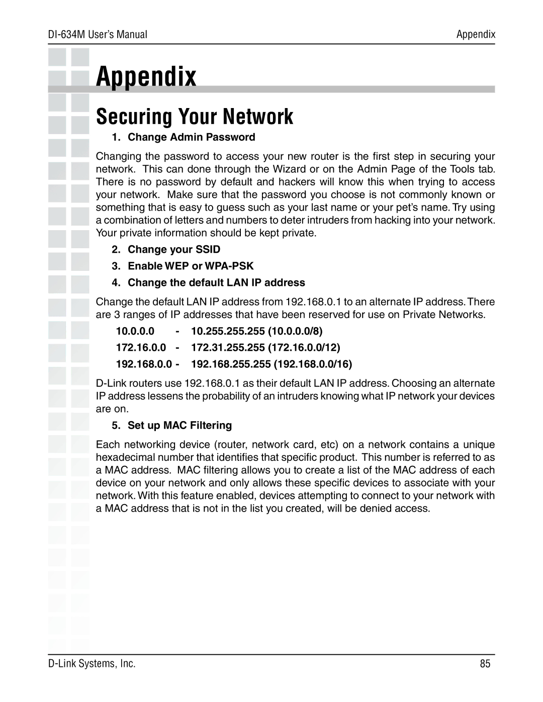 D-Link 108G manual Appendix, Securing Your Network, Change Admin Password, Set up MAC Filtering 