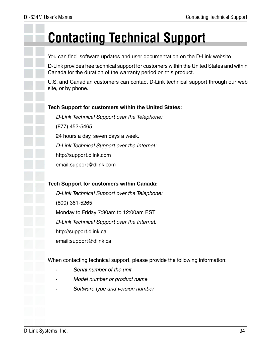 D-Link 108G manual Contacting Technical Support, Tech Support for customers within the United States 