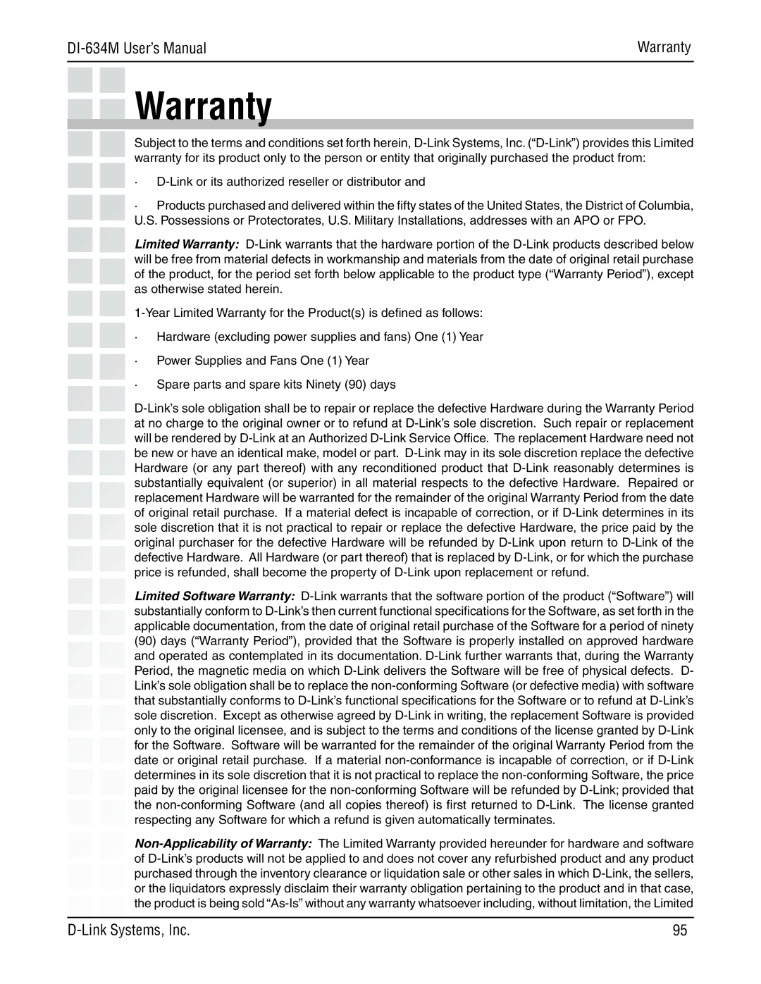 D-Link 108G manual Warranty 