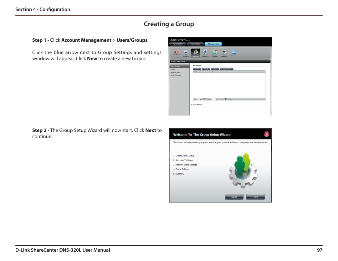 D-Link 2000 user manual Creating a Group, Click Account Management Users/Groups 