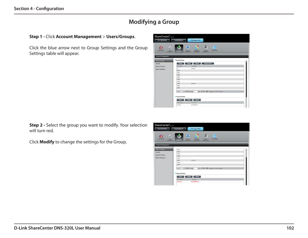 D-Link 2000 user manual Modifying a Group, 102 