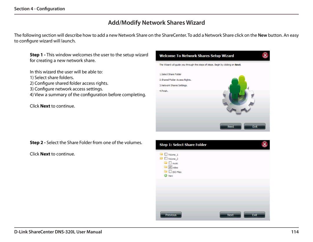 D-Link 2000 user manual Add/Modify Network Shares Wizard, 114 