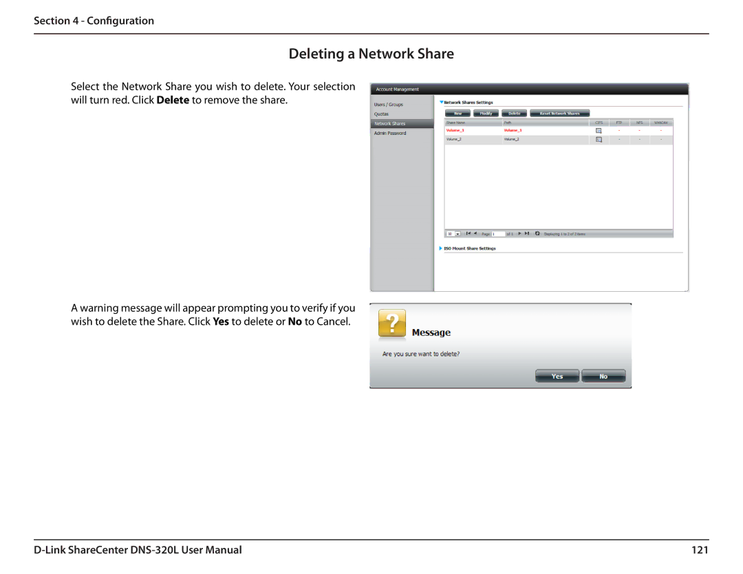 D-Link 2000 user manual Deleting a Network Share, 121 