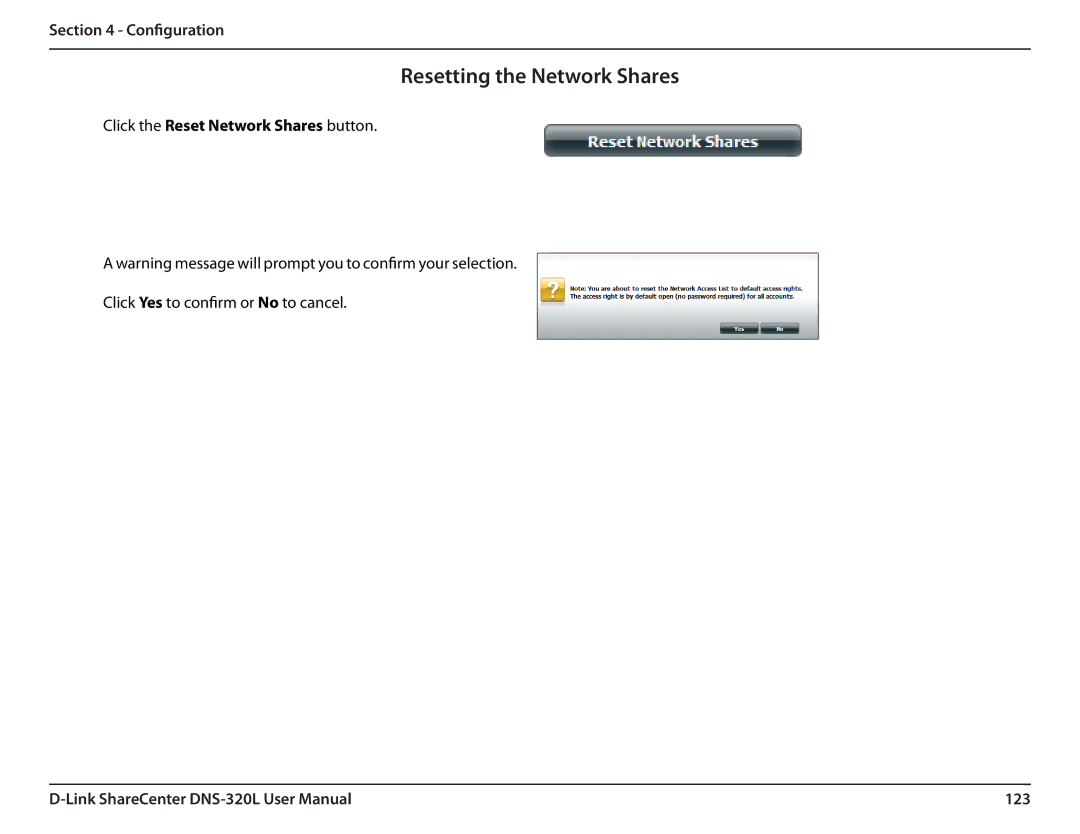 D-Link 2000 user manual Resetting the Network Shares, Click the Reset Network Shares button, 123 