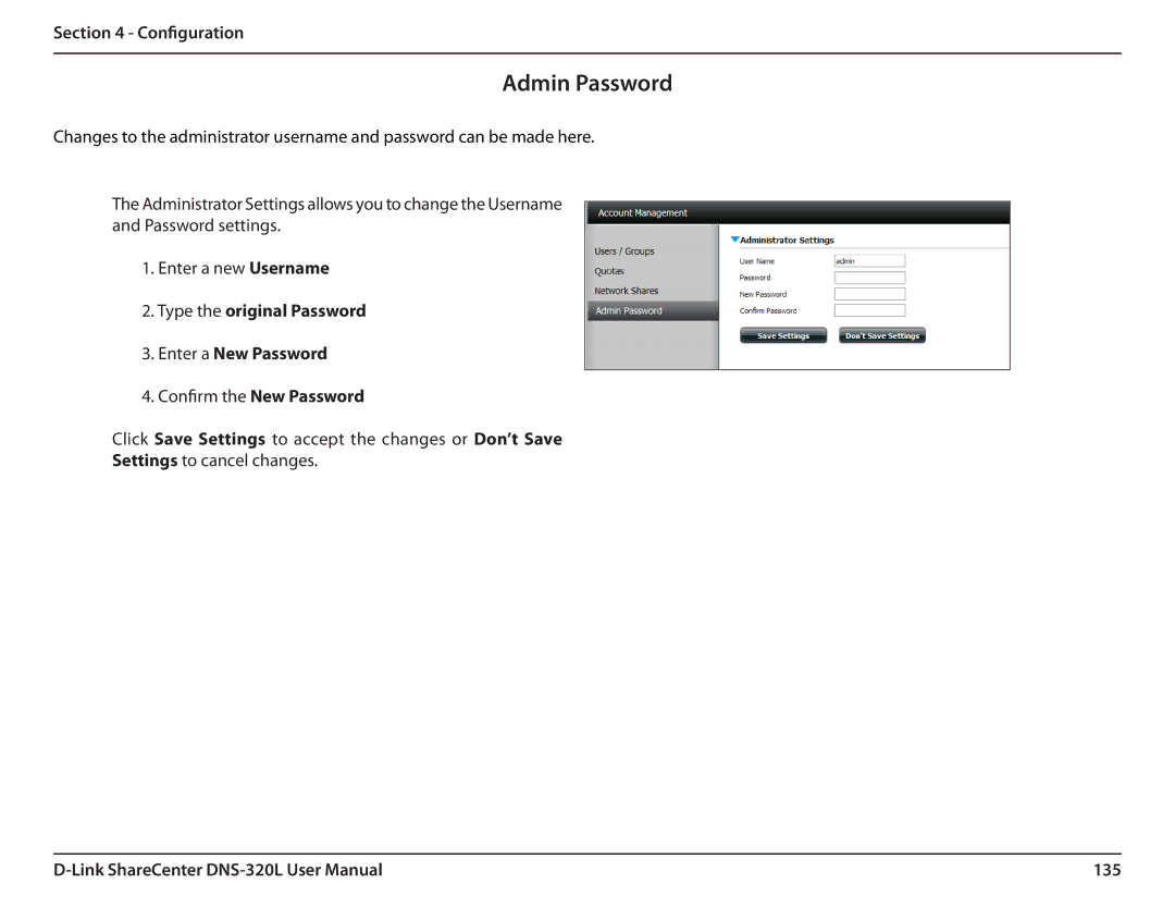 D-Link 2000 user manual Type the original Password Enter a New Password, 135 