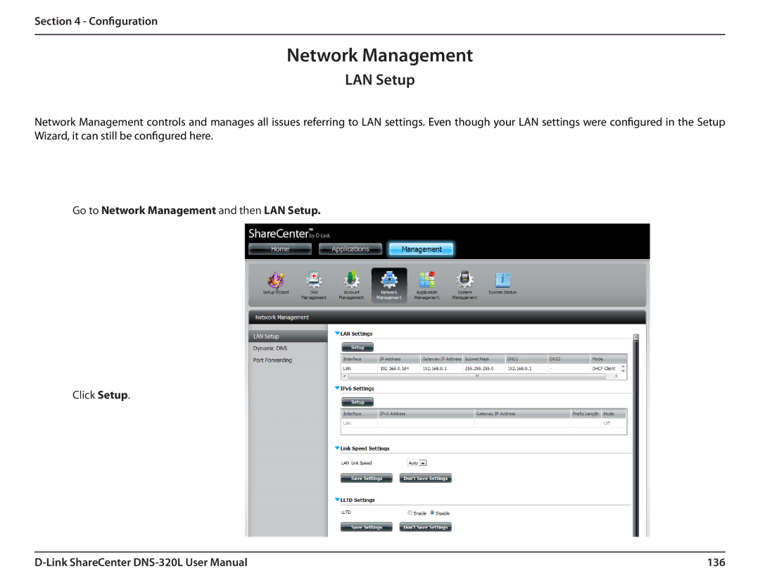 D-Link 2000 user manual Go to Network Management and then LAN Setup, 136 