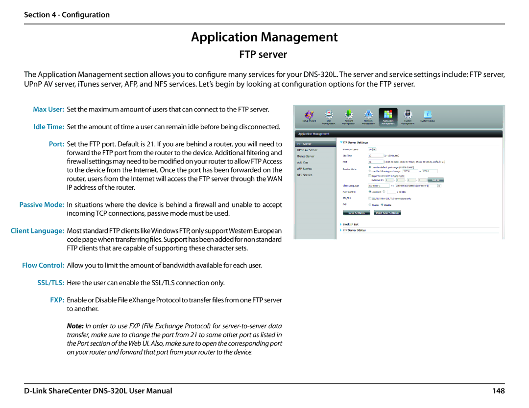 D-Link 2000 user manual Application Management, FTP server, 148 