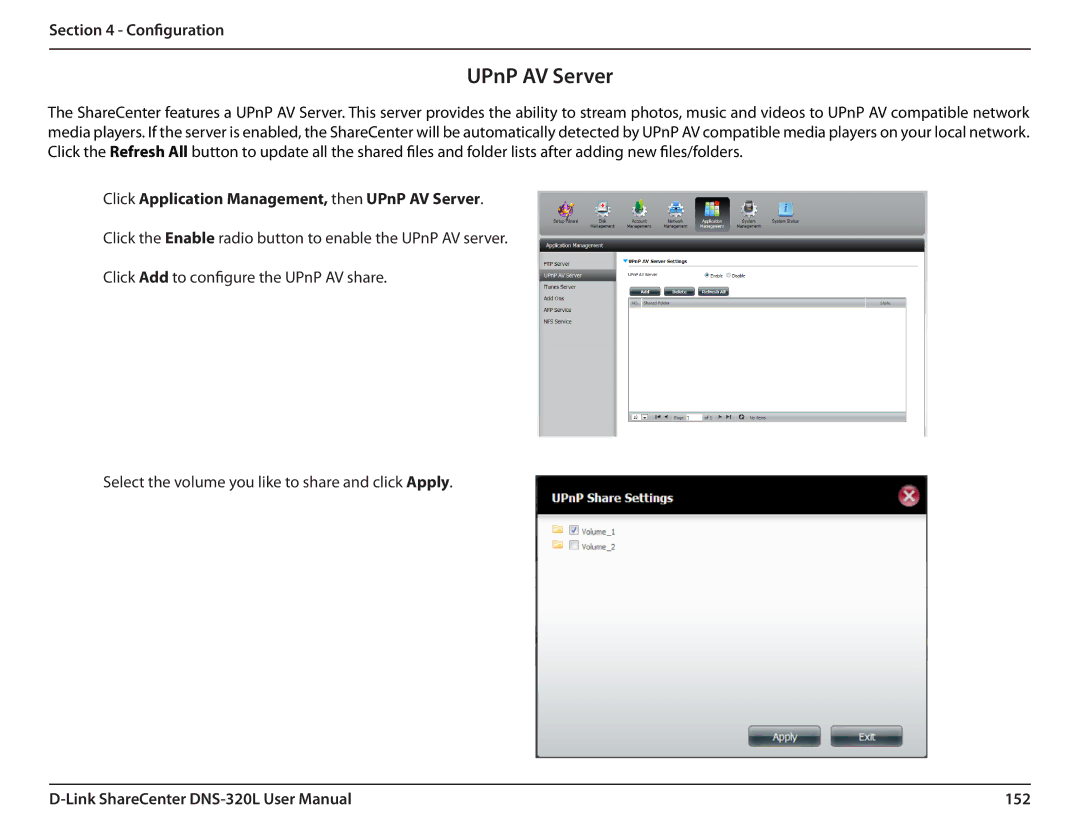 D-Link 2000 user manual Click Application Management, then UPnP AV Server, 152 