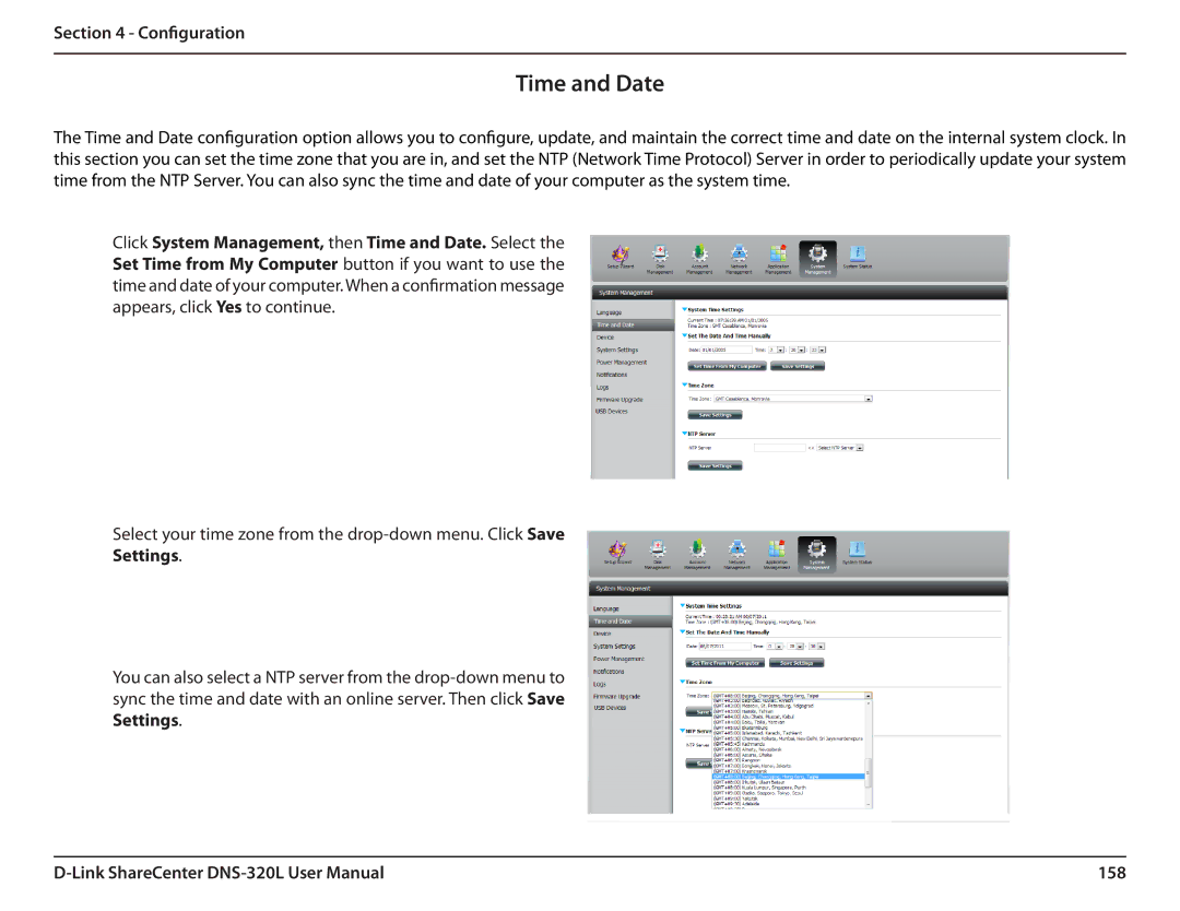 D-Link 2000 user manual Time and Date, Settings, 158 