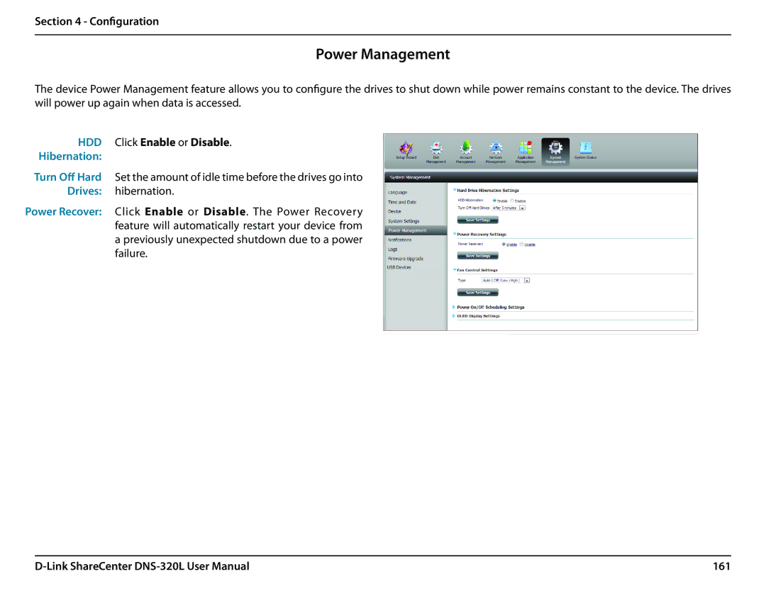 D-Link 2000 user manual Power Management, Click Enable or Disable, 161 