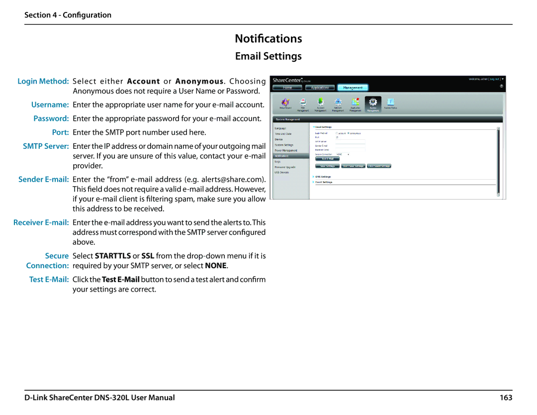 D-Link 2000 user manual Email Settings, 163 