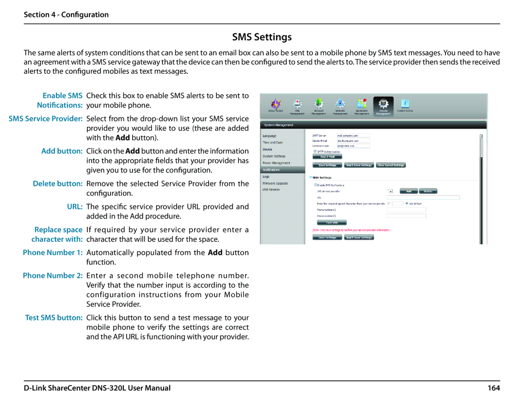 D-Link 2000 user manual SMS Settings, 164 