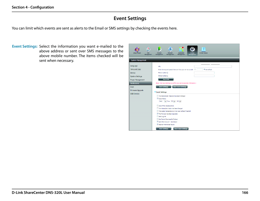 D-Link 2000 user manual Event Settings, 166 