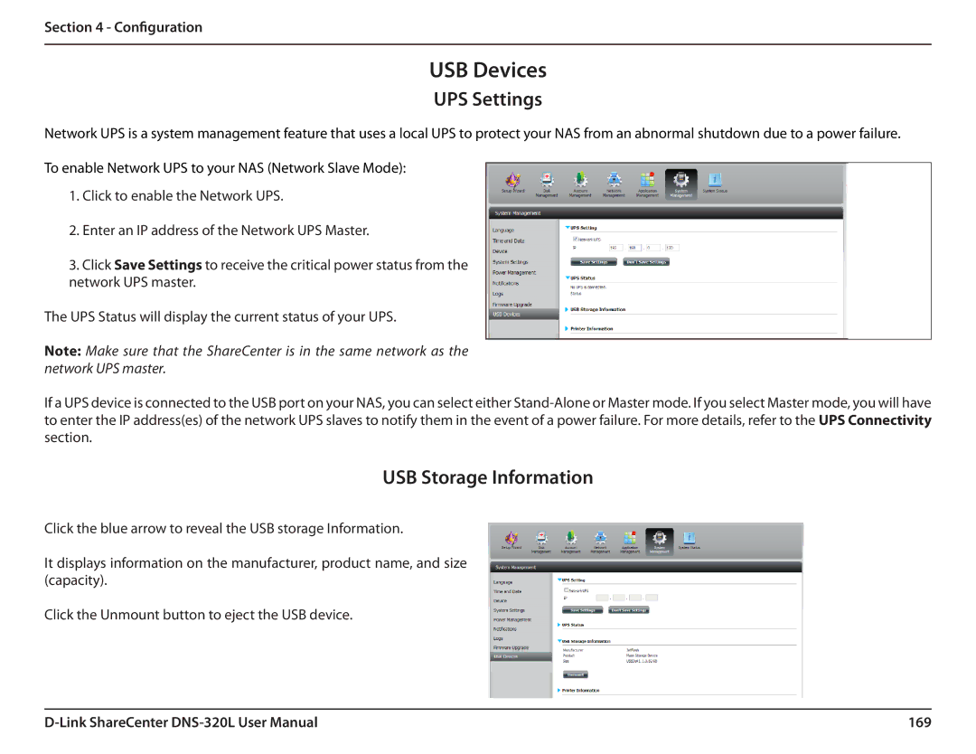 D-Link 2000 user manual UPS Settings, USB Storage Information, 169 