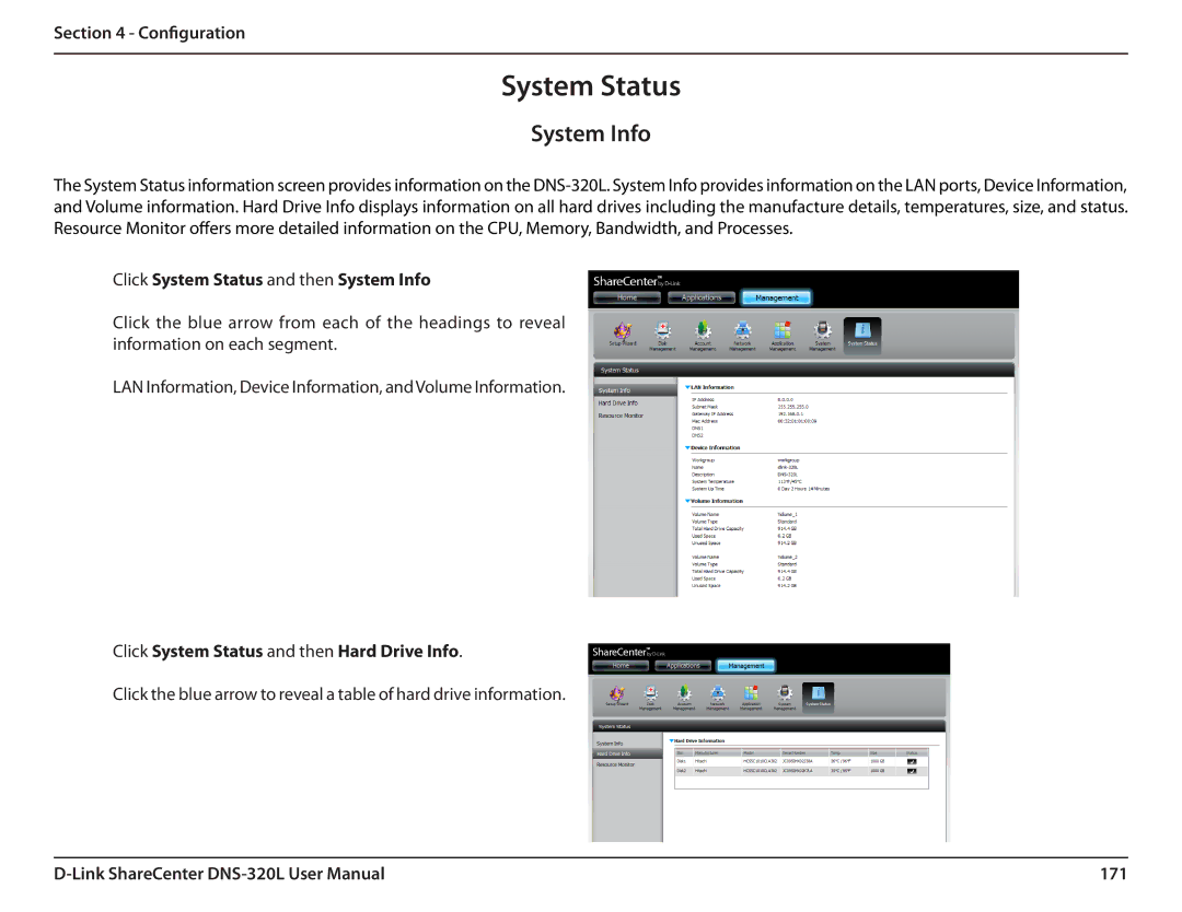 D-Link 2000 user manual Click System Status and then System Info, Click System Status and then Hard Drive Info, 171 