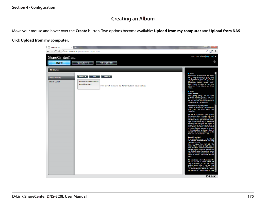 D-Link 2000 user manual Creating an Album, Click Upload from my computer 175 