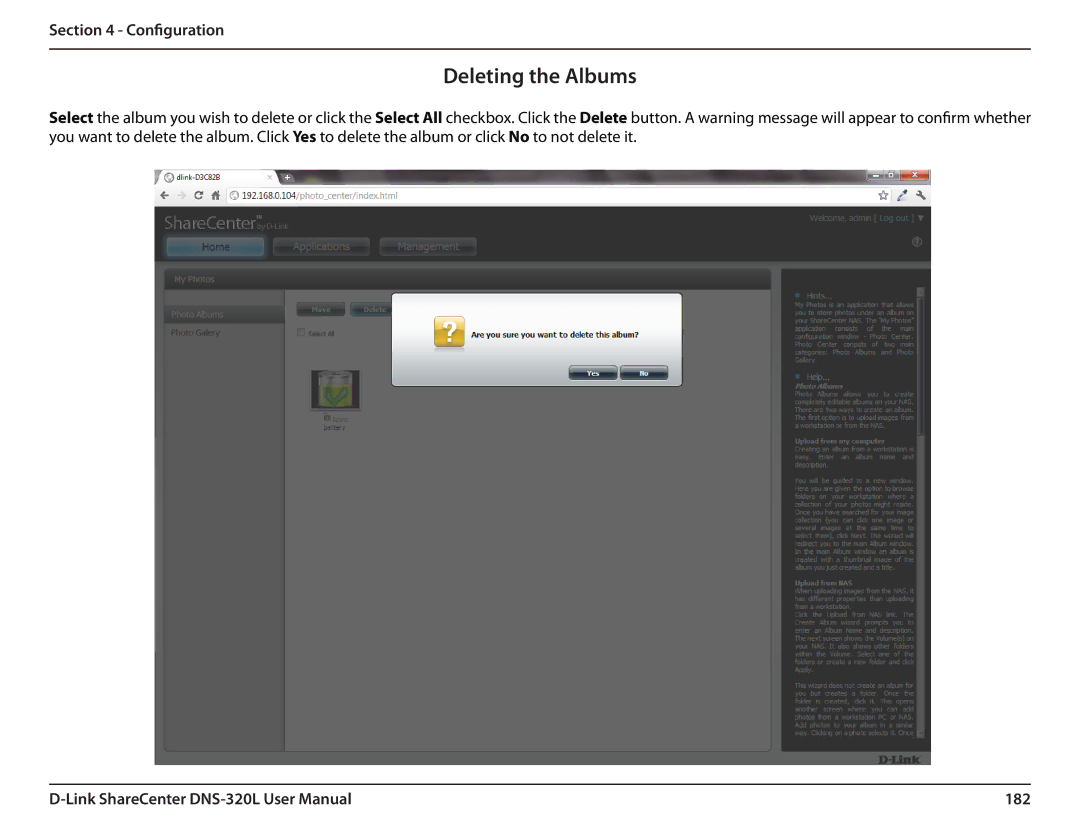D-Link 2000 user manual Deleting the Albums, 182 