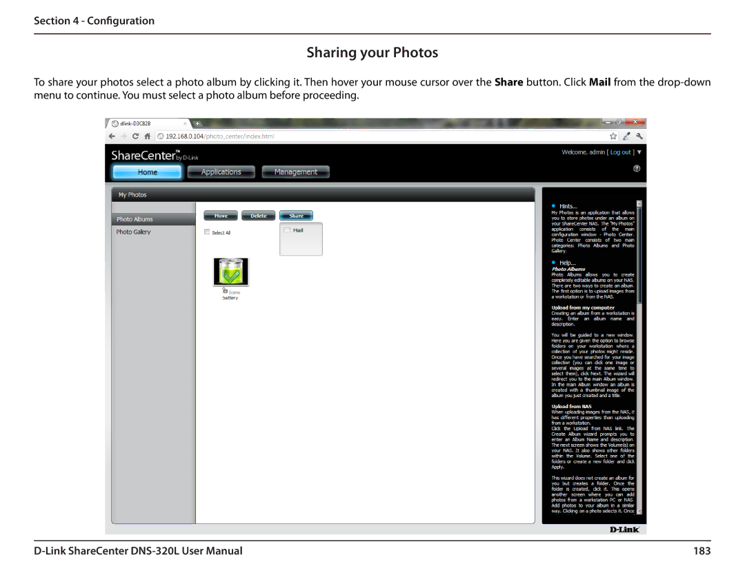 D-Link 2000 user manual Sharing your Photos, 183 