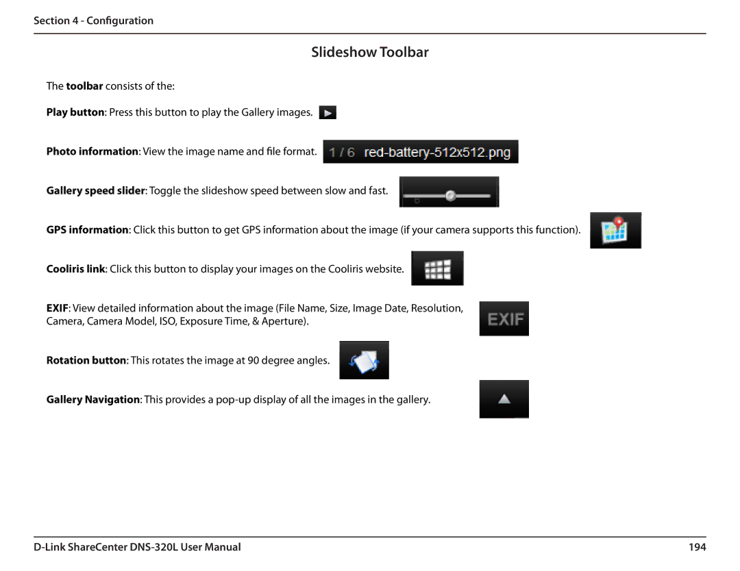 D-Link 2000 user manual Slideshow Toolbar, 194 