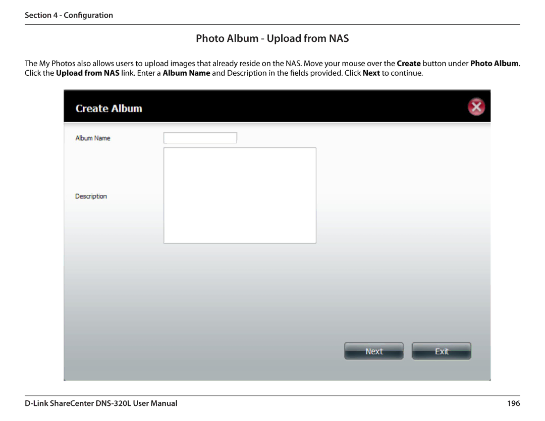 D-Link 2000 user manual Photo Album Upload from NAS, 196 