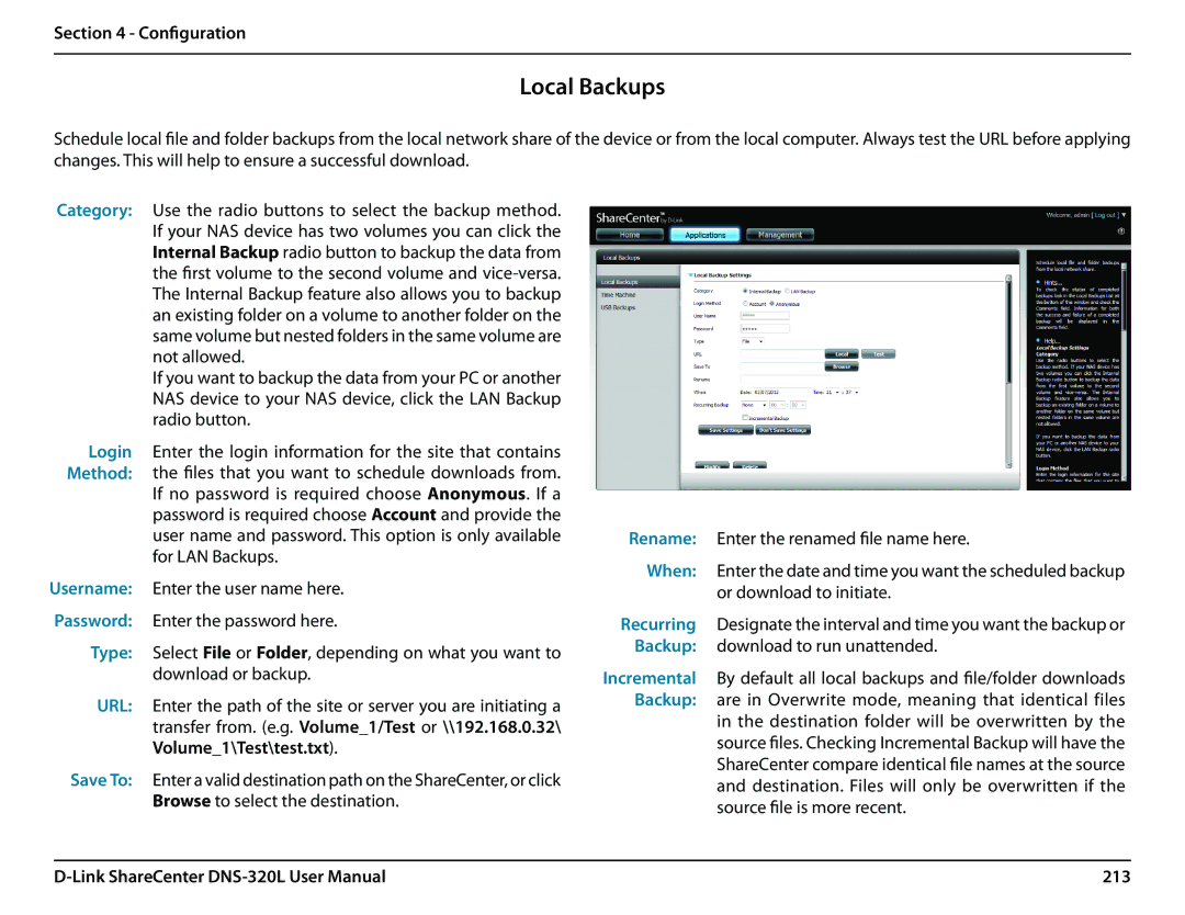 D-Link 2000 user manual Local Backups, 213 