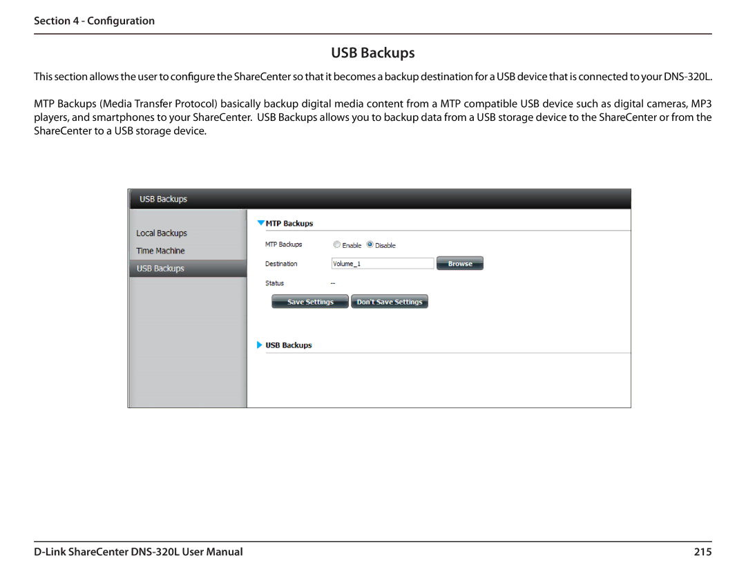 D-Link 2000 user manual USB Backups, 215 