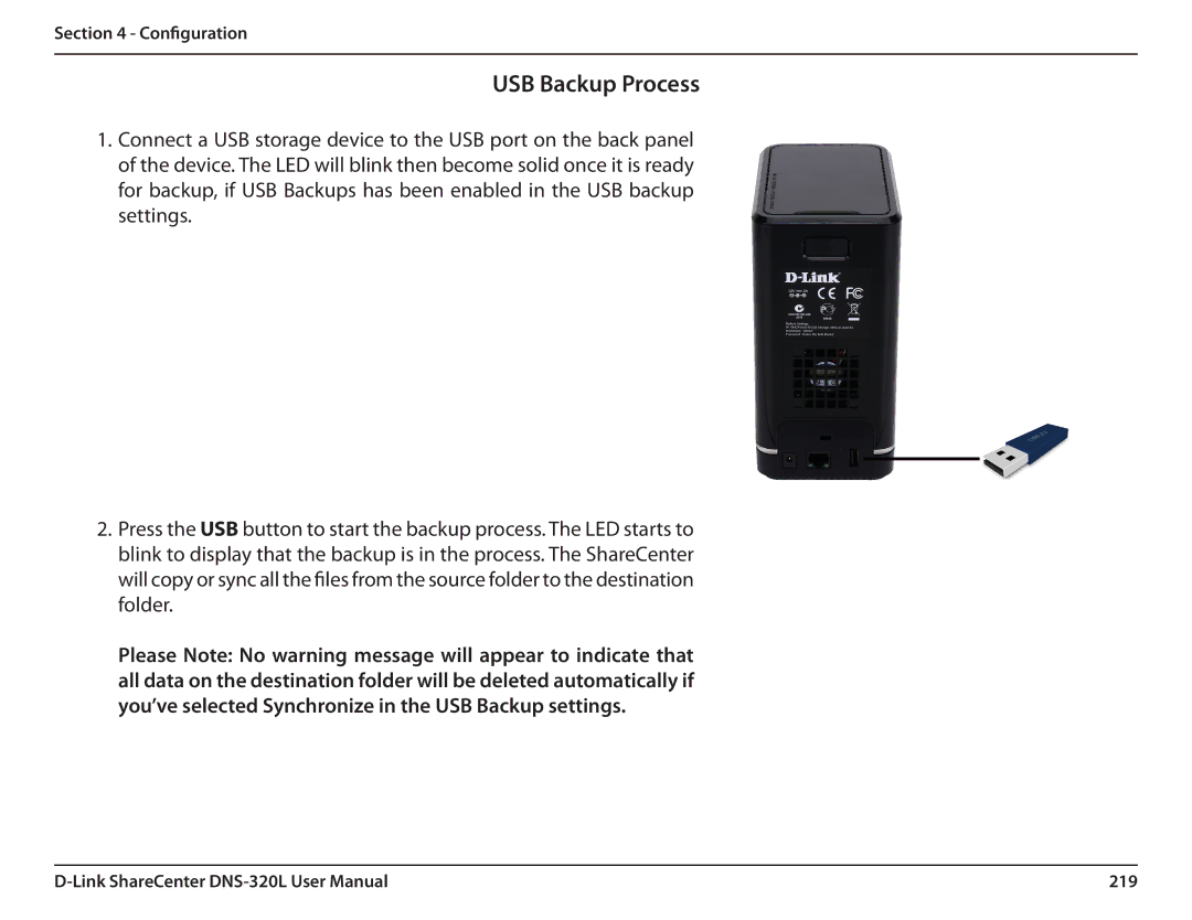 D-Link 2000 user manual USB Backup Process, 219 