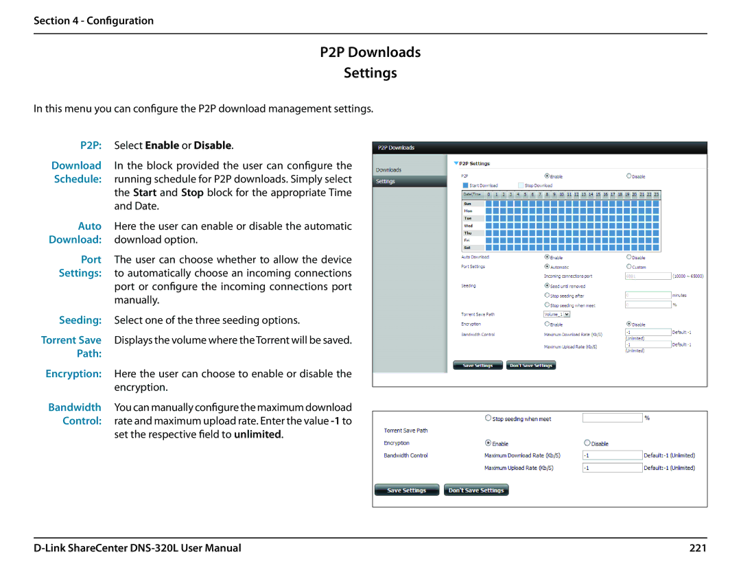 D-Link 2000 user manual P2P Downloads Settings, P2P Select Enable or Disable, 221 