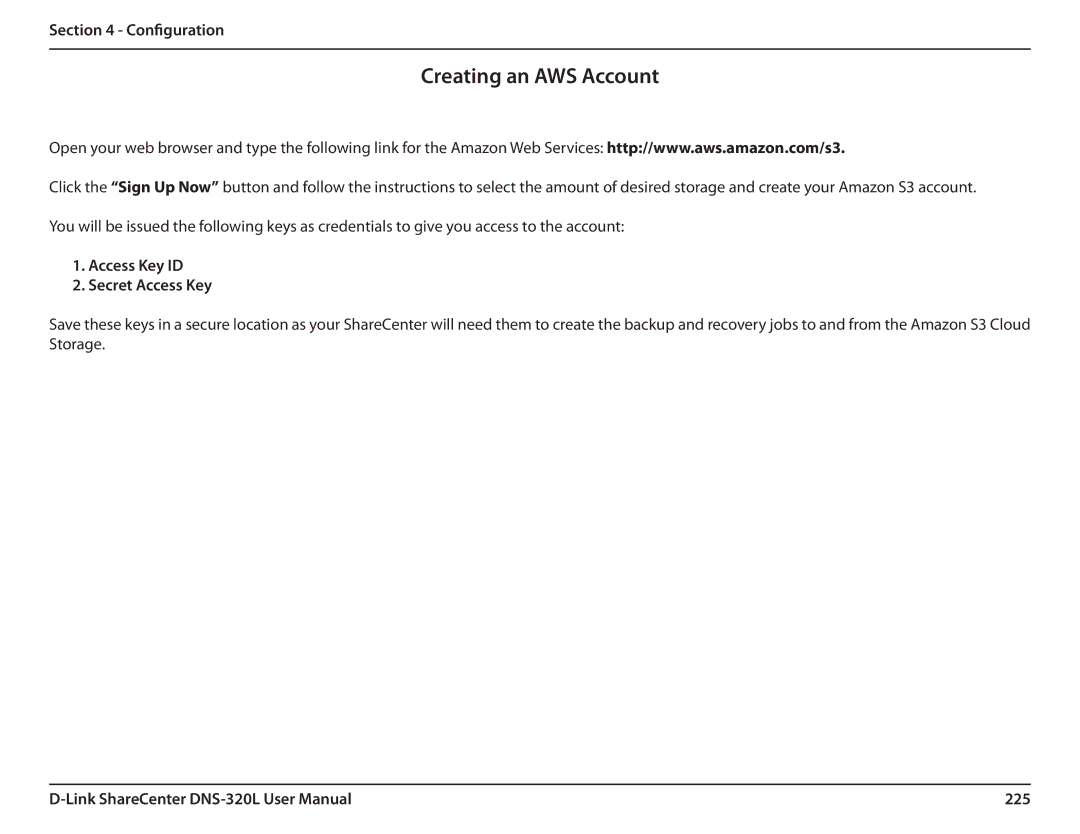 D-Link 2000 user manual Creating an AWS Account, Access Key ID Secret Access Key, 225 