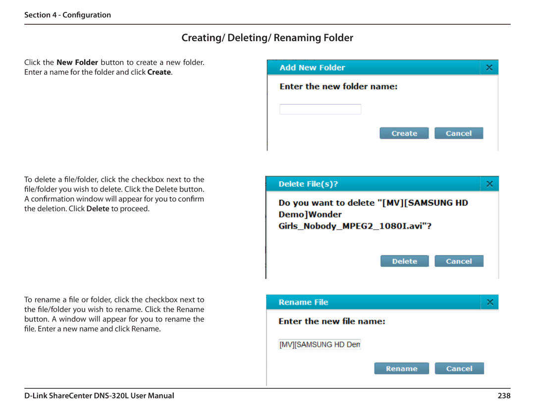 D-Link 2000 user manual Creating/ Deleting/ Renaming Folder, 238 