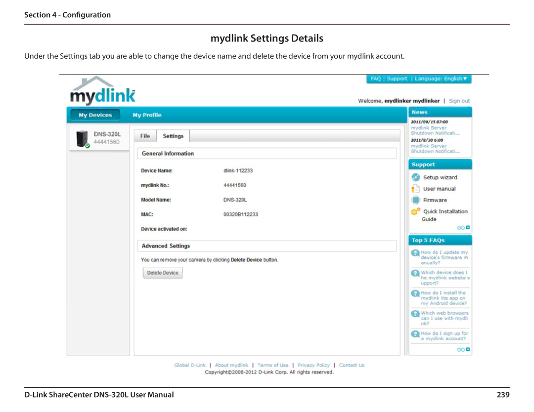 D-Link 2000 user manual Mydlink Settings Details, 239 